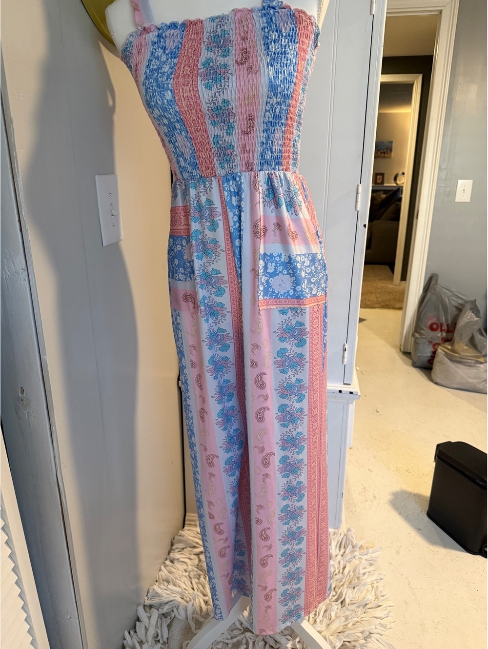Pink Blue Boho Patchwork Smocked Jumpsuit Romper Size Small NWOT